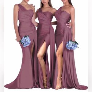 NWT; never worn; one should long dress/gown with slit in desert rose color